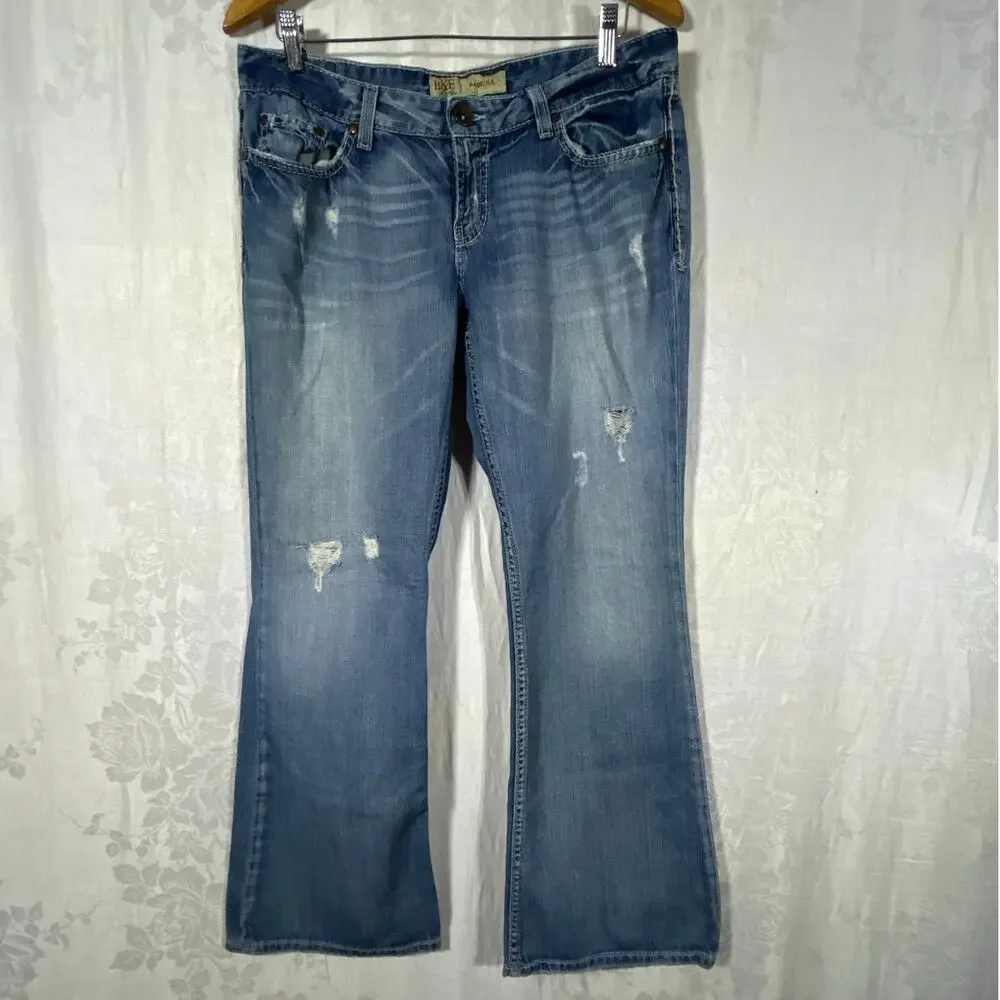 BKE Jeans 31x31.5 Sabrina Low Rise Flare Vintage Y2K Distressed Blue Denim